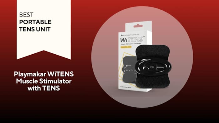 Image of a Playmakar TENS unit against a red background